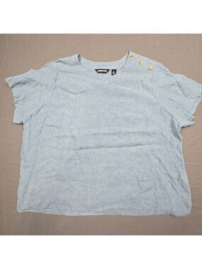 Lands End Womens 2X Short Sleeve Blue 100% Linen Button Shoulder Blouse